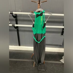 Revolution: money- green/black unitard Dance costume w/ black bowtie